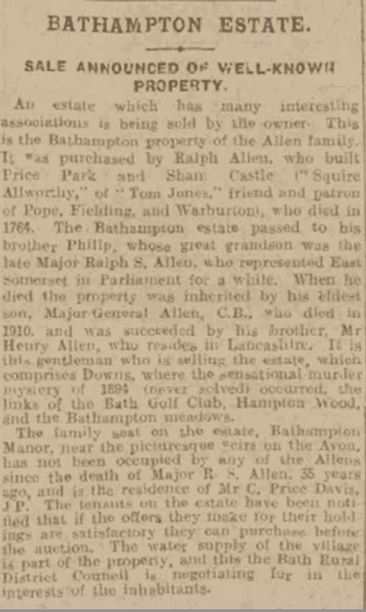 Bathampton Manor for sale, Bath Chronicle, 24 December 1920