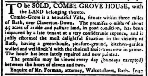 Combe Grove from the Bath Chronicle, Thursday 22 November 1781