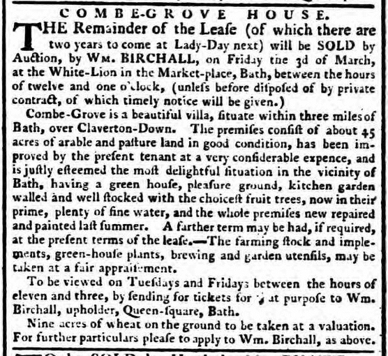 Combe Grove Manor from the Bath Chronicle, Thursday 17 February 1780