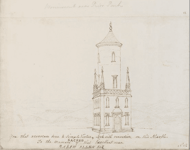 Drawing of the memorial to Ralph Allen, 18th century, by Thomas Robins 1715 – 1770. Image courtesy of V&A