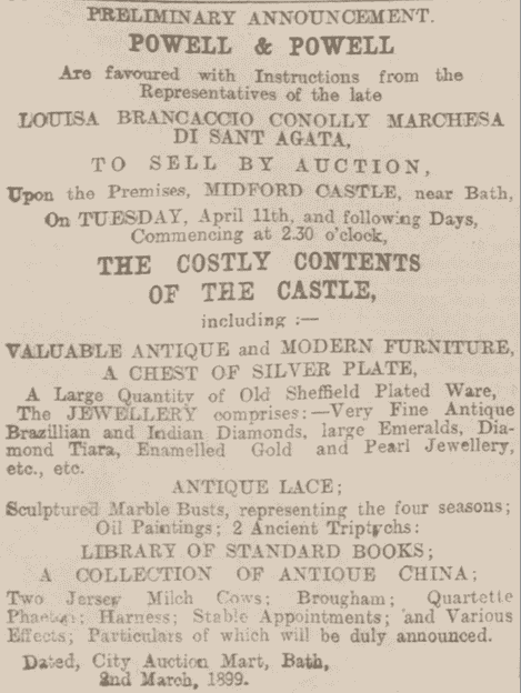 Midford Castle contents auction, Bath Chronicle, Thursday 2 March 1899