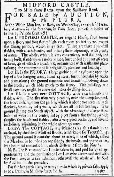 Midford Castle for sale, Bath Chronicle, Thursday 4 October 1787