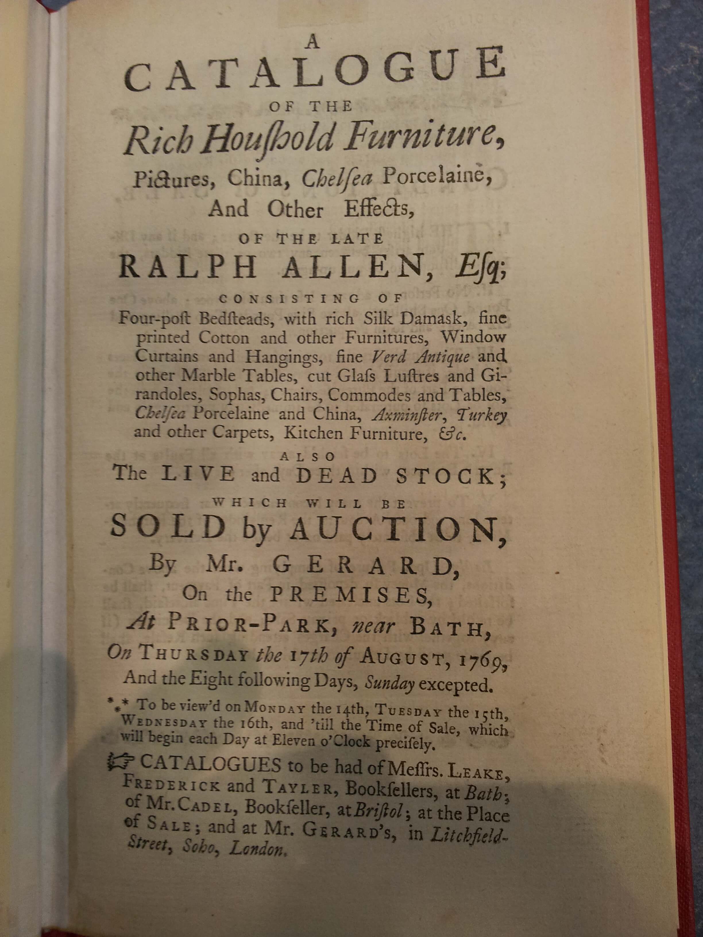 The front of the 1769 Prior Park sale catalogue