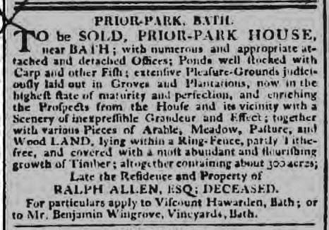 Prior Park for sale 1803 - Bath Chronicle and Weekly Gazette - Thursday 5 May 1803