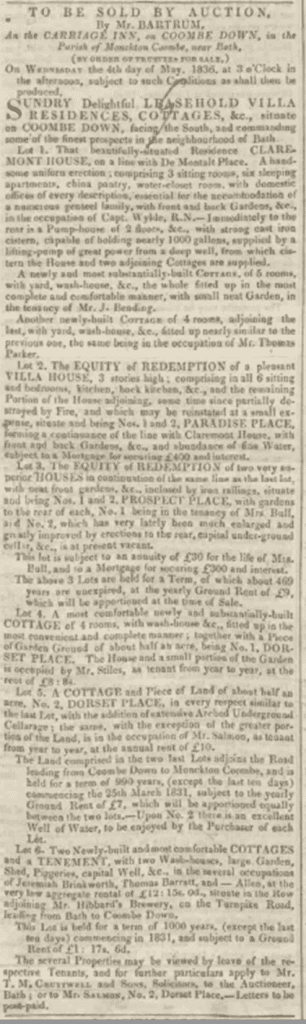advert for auction on combe down bath chronicle thursday 7 april 1836 306x1024
