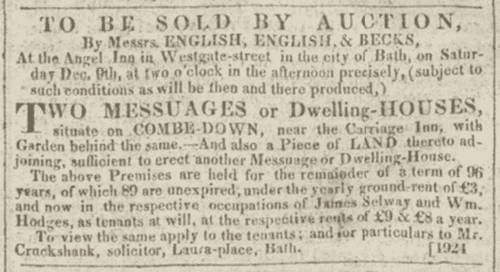 auction for 2 houses on combe down bath chronicle thursday 7 december 1820