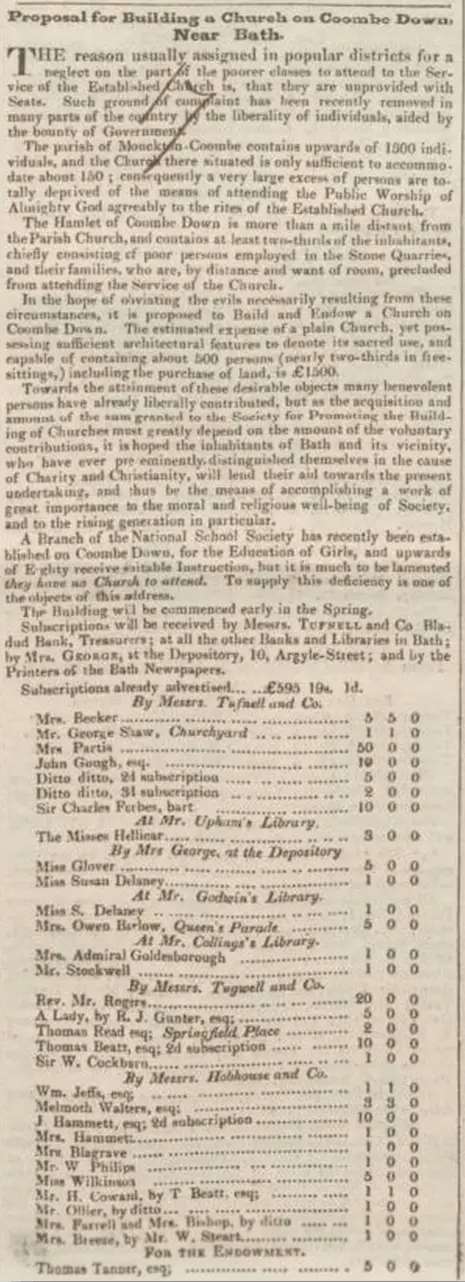 Combe Down church proposal, Bath Chronicle, Thursday 1 March 1832
