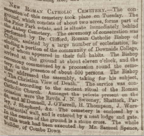 Consecration of new Catholic cemetery, Bath Chronicle, Thursday 3 June 1858