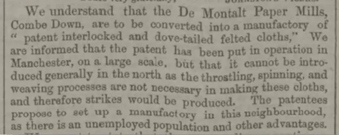 De Montalt Mills announcement, Bath Chronicle, Thursday 13 July 1854