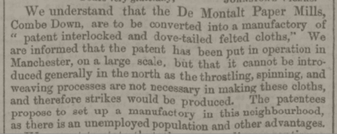 De Montalt Mills announcement, Bath Chronicle, Thursday 13 July 1854