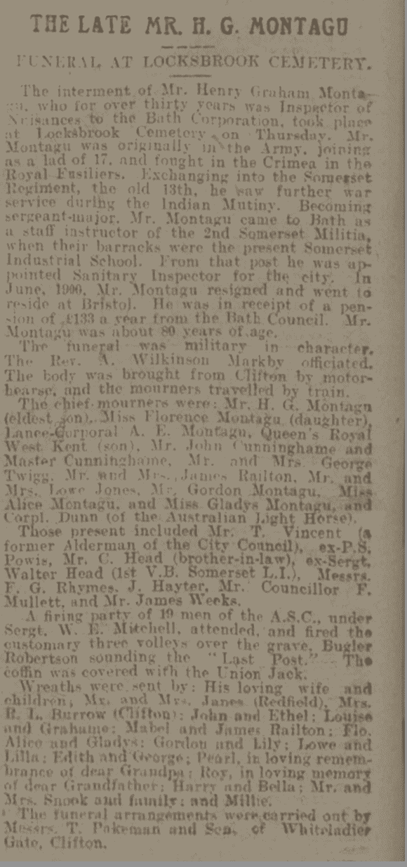 Henry Graham Montague funeral, Bath Chronicle, Saturday 1 April 1916