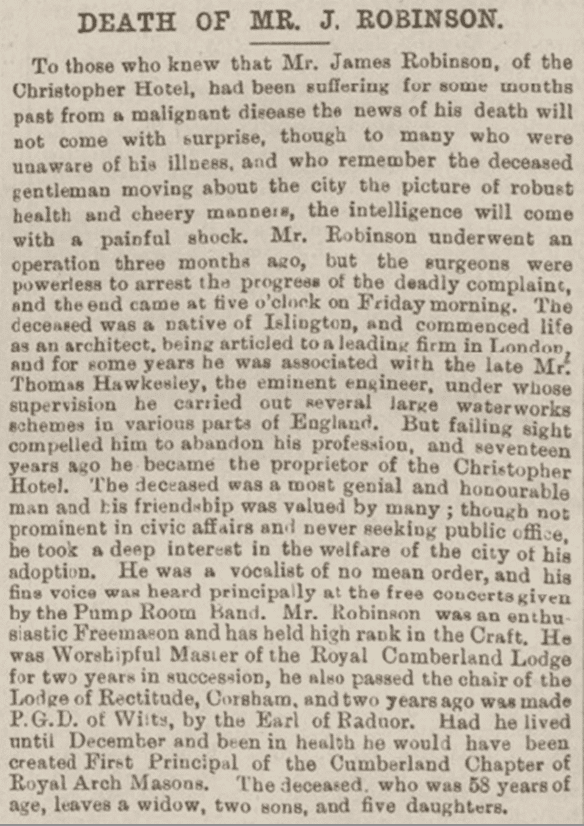 James Robinson obituary, Bath Chronicle, Thursday 29 November 1894
