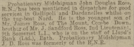 John Douglas Ross mentioned in despatches, Bath Chronicle, Saturday 10 June 1916