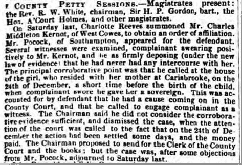 Kernot affiliation order report, Hampshire Advertiser, Saturday 3 July 1852