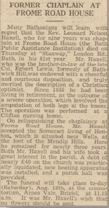 Leonard Haxell obituary, Bath Chronicle, Saturday 12 August 1939