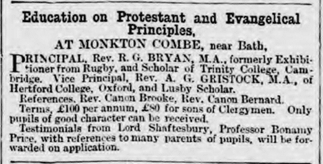 Monkton Combe School advert, Bath Chronicle, Thursday 30 December 1875