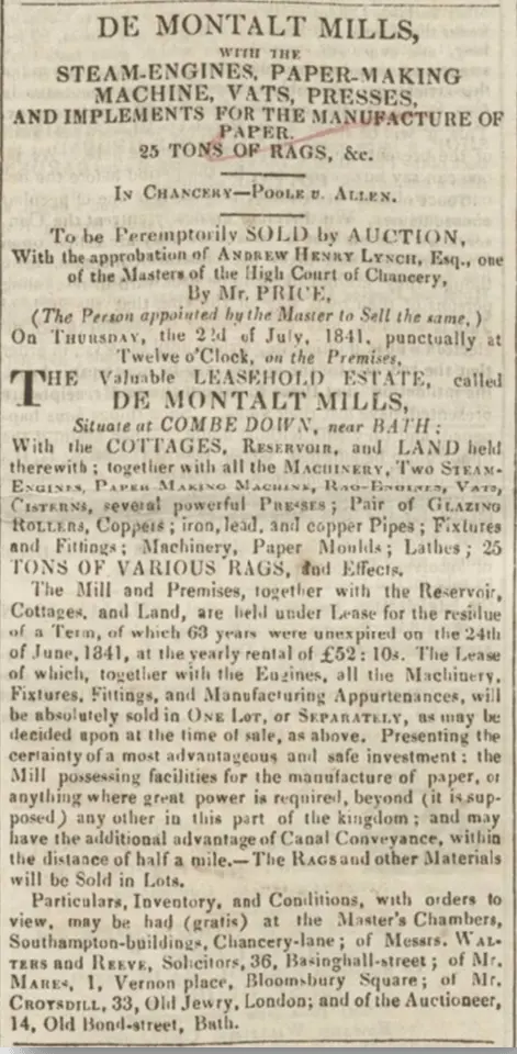Sale of De Montalt Mill. Bath Chronicle, Thursday 8 July 1841