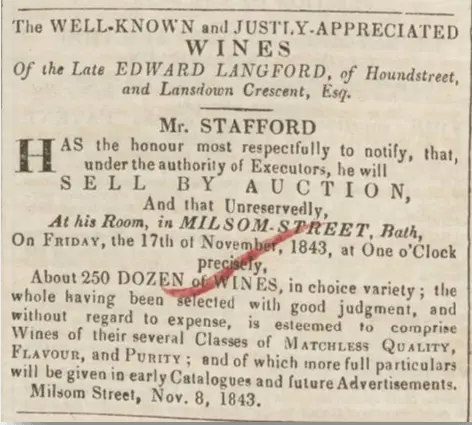 Sale of Edward Langfords wines, Bath Chronicle, Thursday 9 November 1843