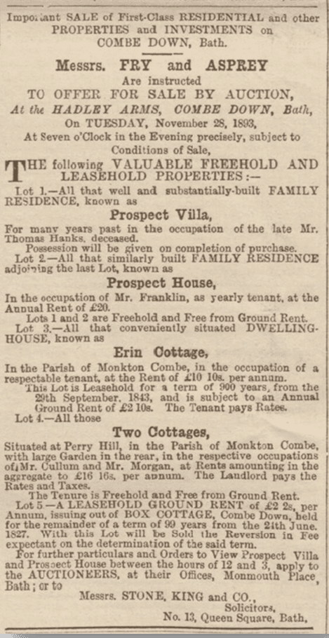 Sale of Thomas Hanks properties, Bath Chronicle, Thursday 2 November 1893