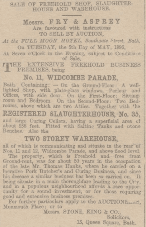 Sale of Thomas Hanks shop etc., Bath Chronicle, Thursday 16 April 1896