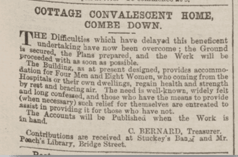 Start of Combe Down convalescent home building, Bath Chronicle, Thursday 8 January 1880