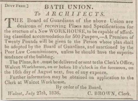 Tender for new workhouse, Bath Chronicle, Thursday 28 July 1836