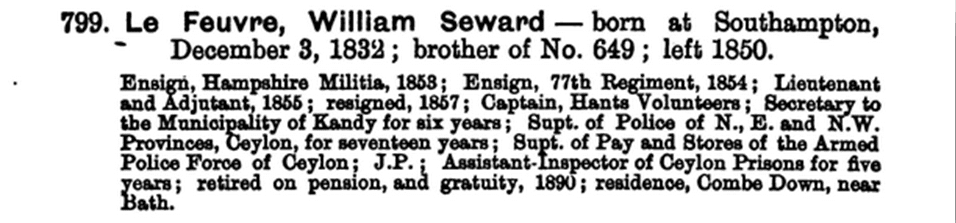 William Seward LeFeuvre from Elizabeth College Register, 1824-1873