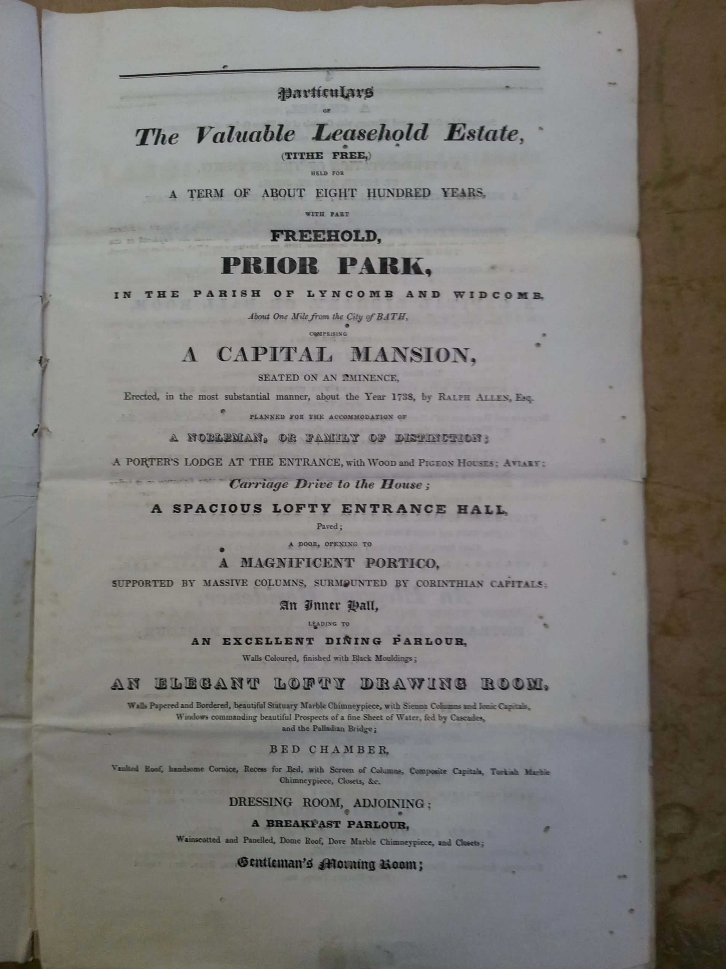 Front of sale particulars for Prior Park in 1808