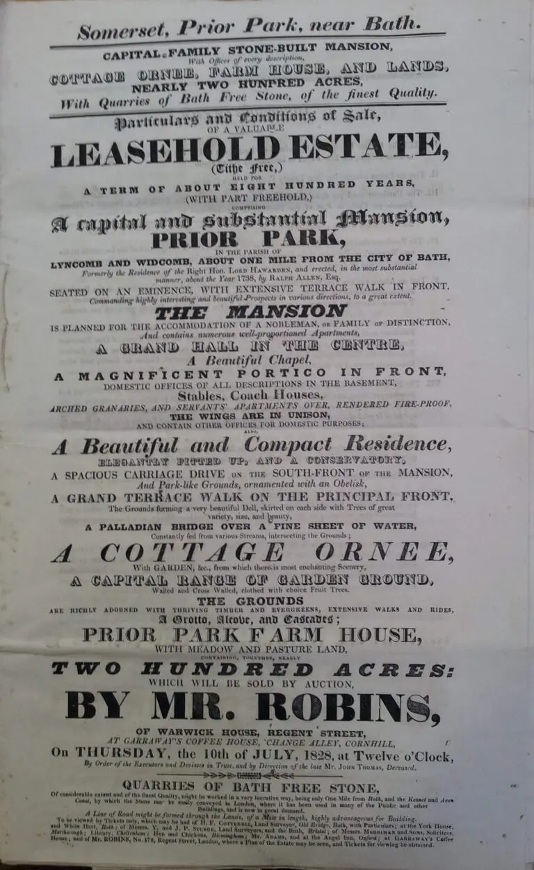 Sale of Prior Park 1828