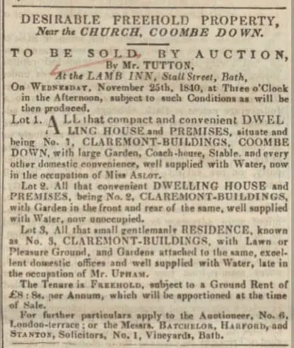 1 - 3 Claremont Buildings for sale - Bath Chronicle and Weekly Gazette - Thursday 12 November 1840