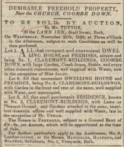 1 - 3 Claremont Buildings for sale - Bath Chronicle and Weekly Gazette - Thursday 12 November 1840