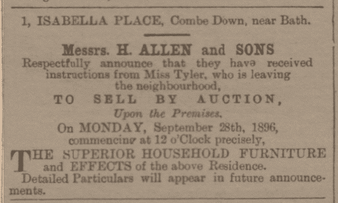 1 Isabella Place, Combe Down, Bath for sale by auction as Miss Tyler is leaving the neighbourhood in Bath Chronicle and Weekly Gazette - Thursday 10 September 1896