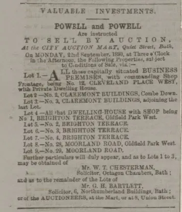 2 & 3 Claremont Buildings auction notice - Bath Chronicle and Weekly Gazette - Thursday 4 September 1890
