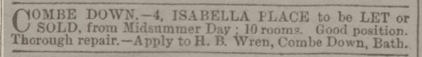 4 Isabella Place, Combe Down, Bath to be let or sold in Bath Chronicle and Weekly Gazette - Thursday 12 May 1881