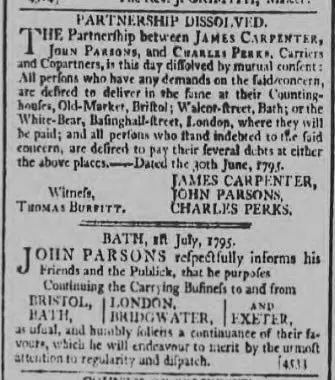 Charles Perks partnership dissolved - Bath Chronicle and Weekly Gazette - Thursday 9 July 1795