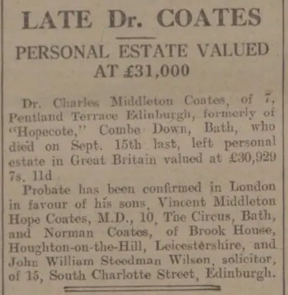 Late Dr Coates - Bath Chronicle and Weekly Gazette - Saturday 27 January 1934