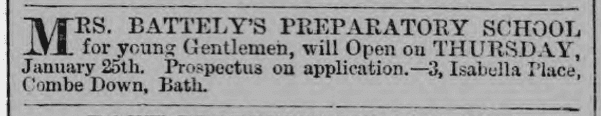Mrs. Battely's preparatory school for young Gentlemen in Bath Chronicle and Weekly Gazette - Thursday 4 January 1877