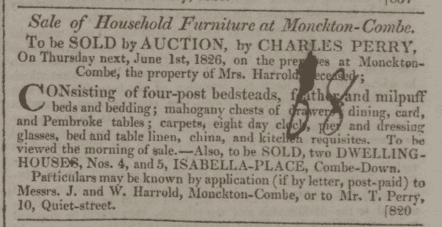 Sale of 4 & 5 Isabella Place property of Mrs. Harrold, deceased in Bath Chronicle and Weekly Gazette - Thursday 1 June 1826