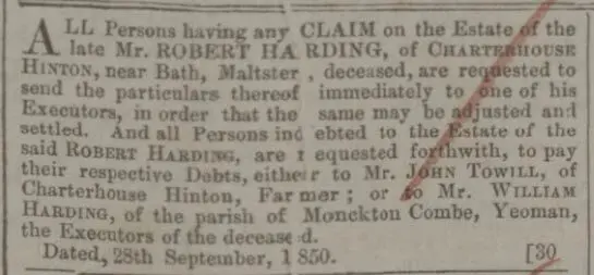 William Harding Bath Chronicle and Weekly Gazette - Thursday 3 October 1850