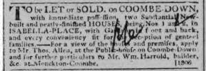 William Harrold letting or selling 1 & 2 Isabella Place - Bath Chronicle and Weekly Gazette - Thursday 25 June 1812