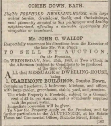 William Price sale of 1 Claremont Buildings, Bath Chronicle and Weekly Gazette - Thursday 19 November 1863