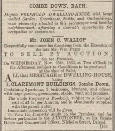 william price sale of 1 claremont buildings bath chronicle and weekly gazette thursday 19 november 1863