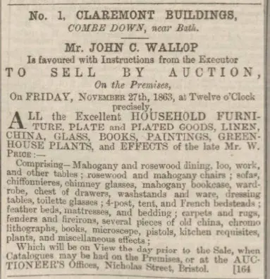 William Price sale of contents of 1 Claremont Buildings for sale - Bath Chronicle and Weekly Gazette - Thursday 19 November 1863
