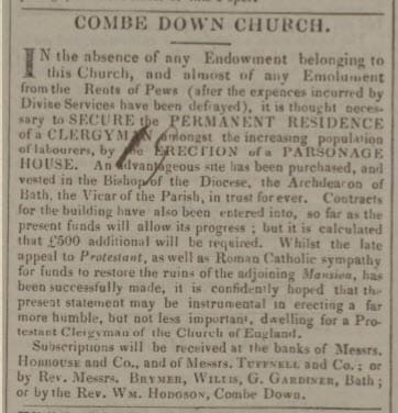 Appeal for funds for Combe Down parsonage - Bath Chronicle and Weekly Gazette - Thursday 25 May 1837