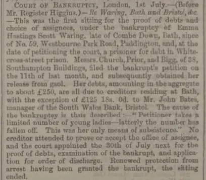 Bankruptcy of Emma Scott Waring - Bath Chronicle and Weekly Gazette - Thursday 9 July 1863