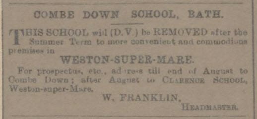 Combe Down School advert - Bath Chronicle and Weekly Gazette - Sunday 11 April 1896