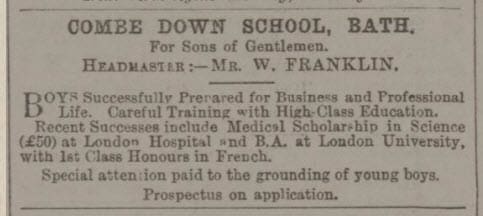 Combe Down School advert - Bath Chronicle and Weekly Gazette - Thursday 4 January 1894
