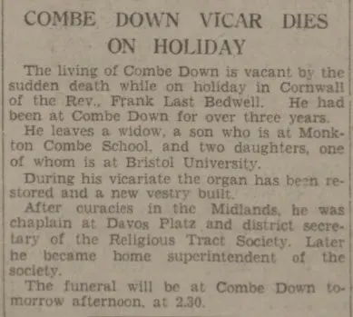 Death of Rev Frank Last Bedwell - Western Daily Press - Wednesday 25 August 1937