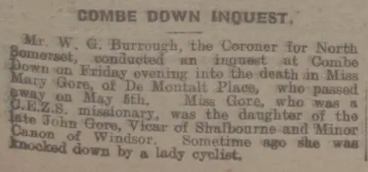 Inquest on Miss Mary Gore - Bath Chronicle and Weekly Gazette - Saturday 9 May 1925