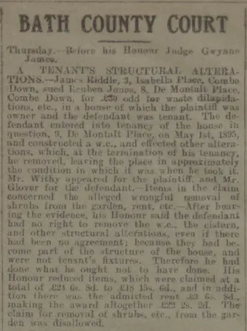 James Riddle sues Reuben Jones - Bath Chronicle and Weekly Gazette - Saturday 5 August 1916